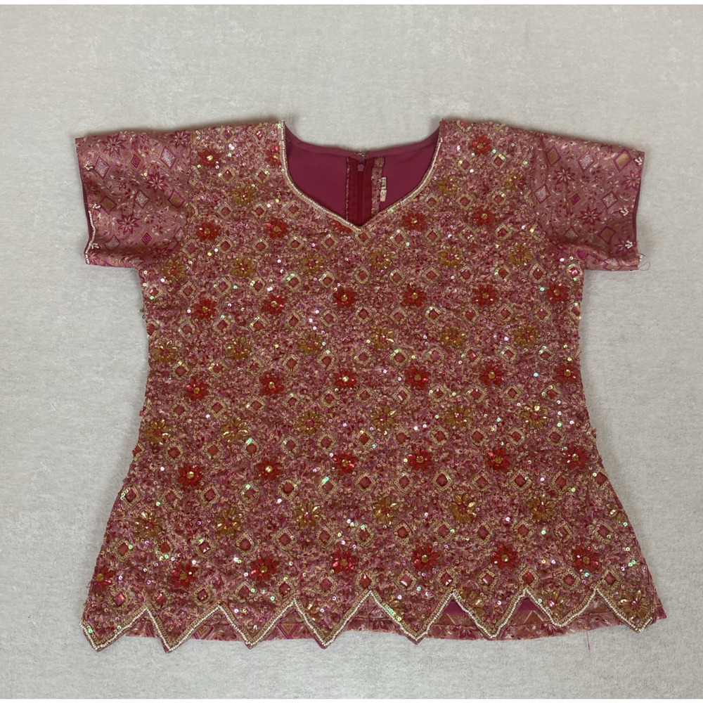 Vintage India Beaded Floral Sequin Top Pink Gold Embroidered Kurti Festival
